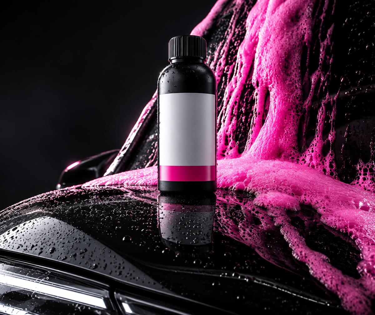 Slipwash bottle standing on a wet bonnet with pink foam cascading behind it